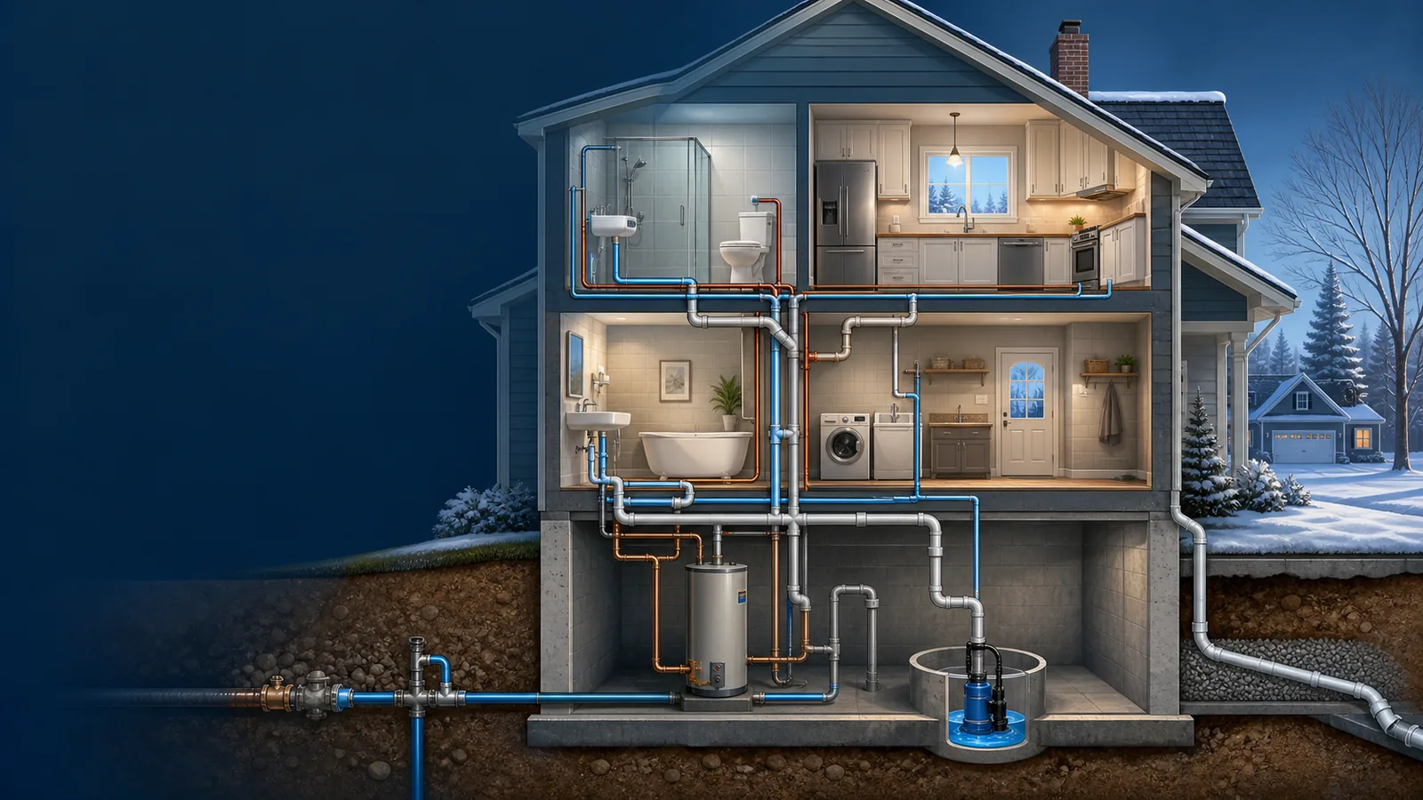Illustrated cutaway of a generic cold-climate home plumbing system